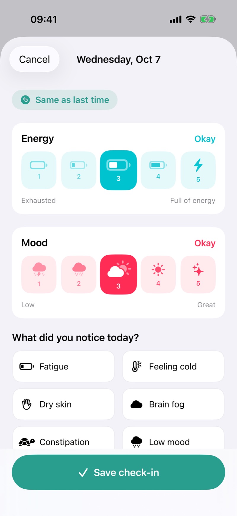 Journal check-in with energy and mood scales