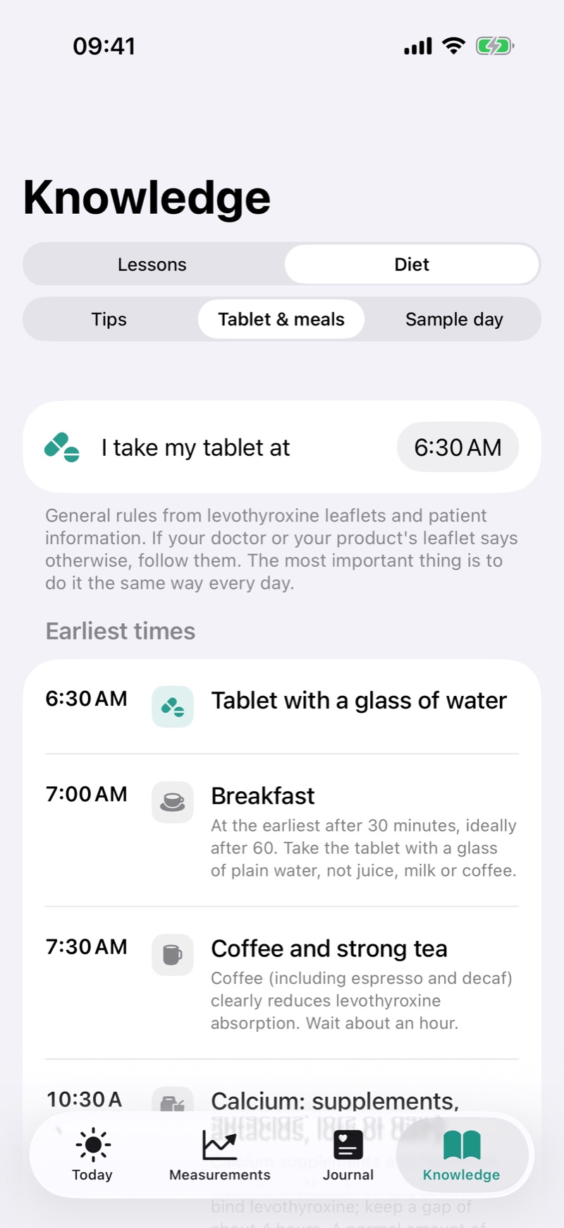 Daily plan with meal times after the tablet