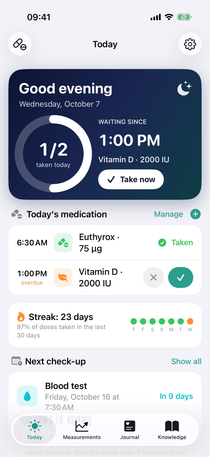 Today screen with medication list and streak