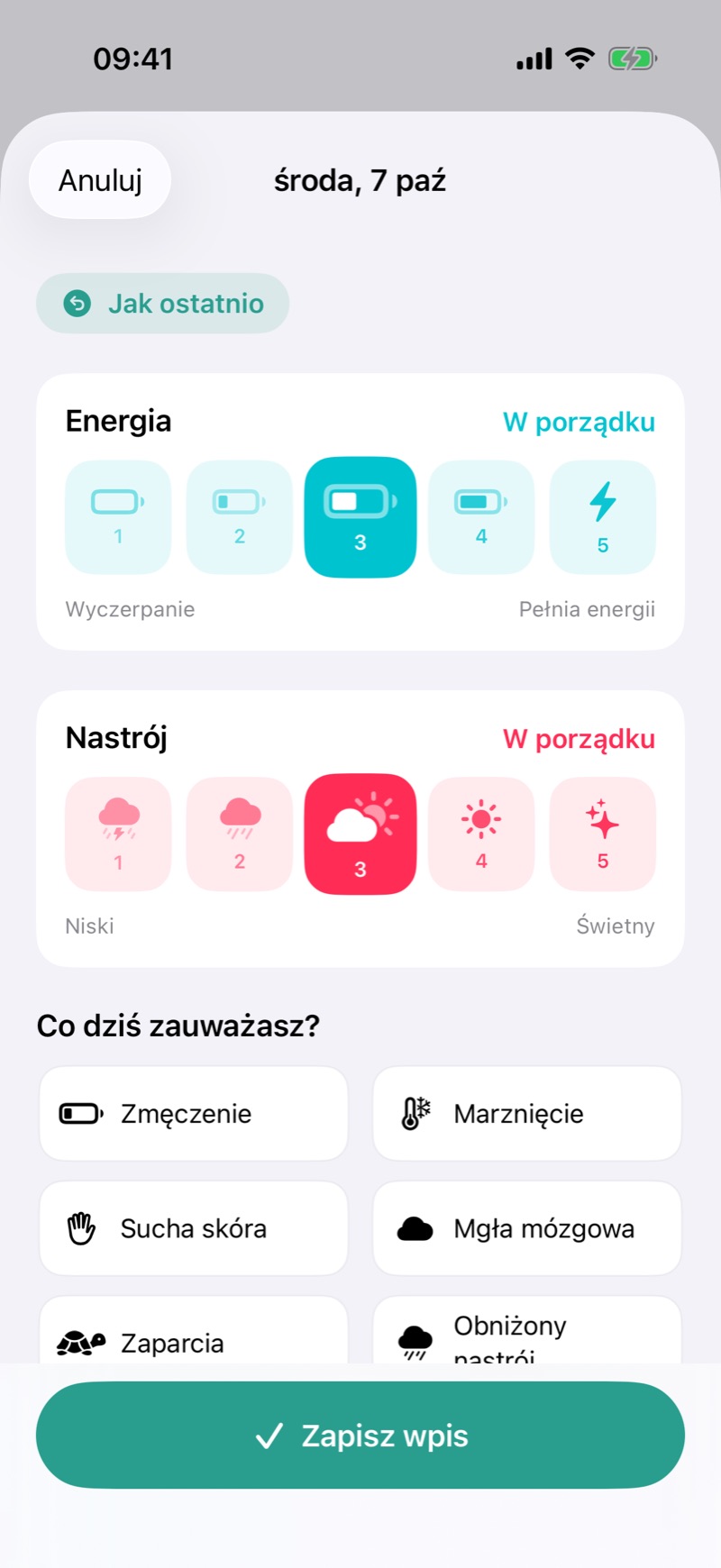Wpis w dzienniku z oceną energii i nastroju