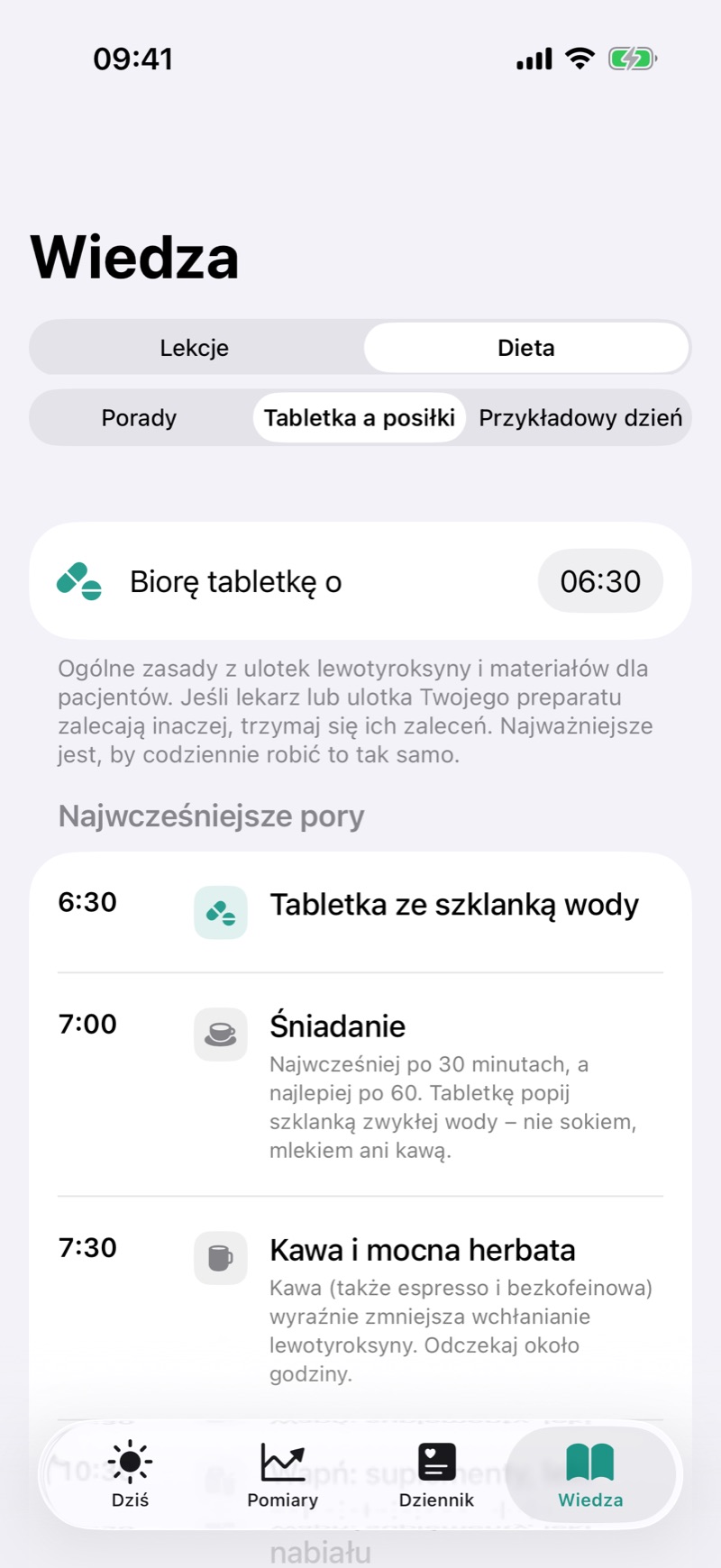 Plan dnia z porami posiłków po tabletce