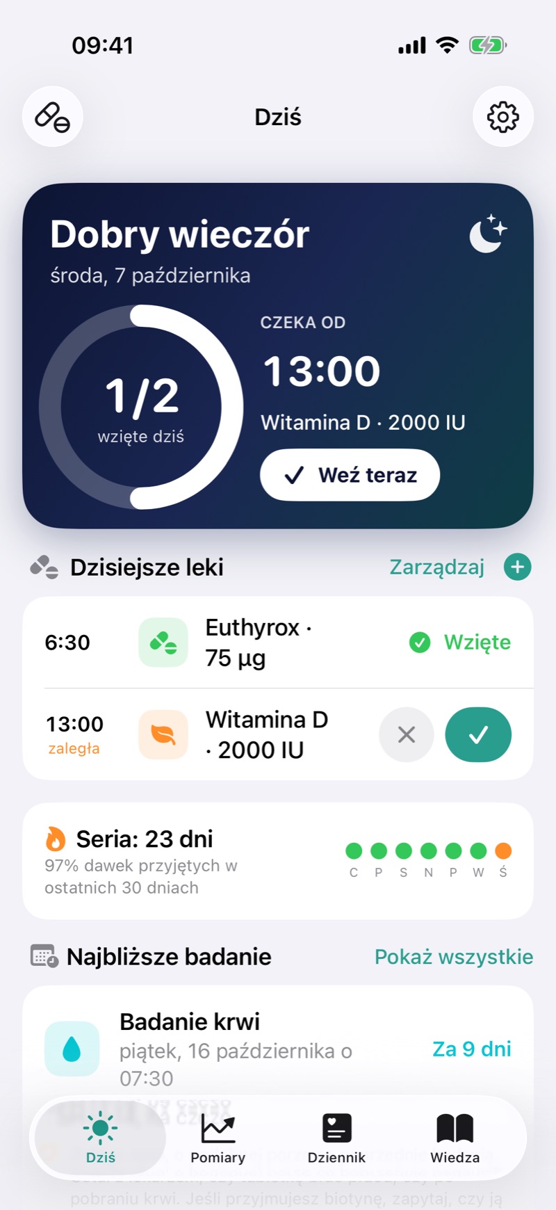 Ekran Dziś z listą leków i serią dni